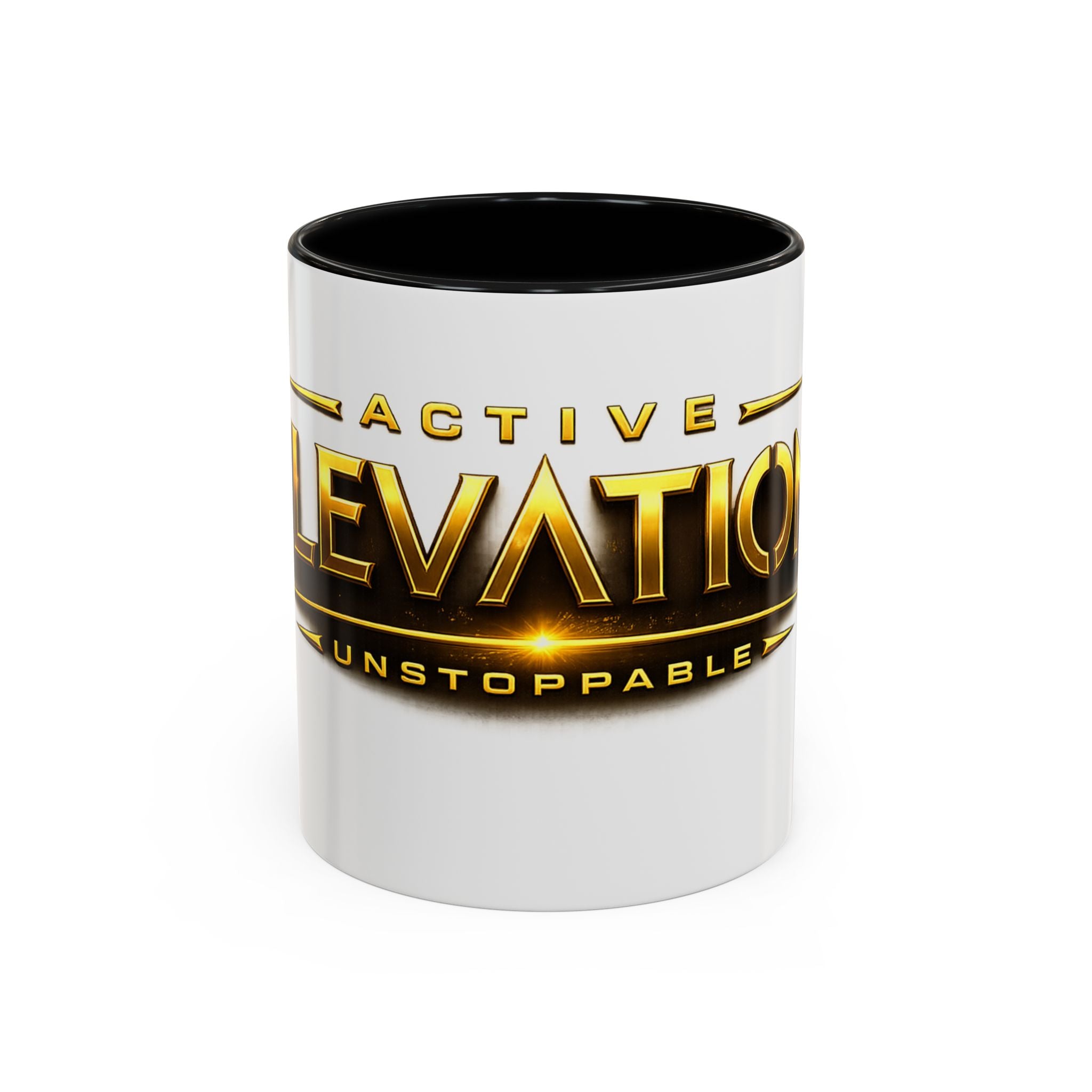 Active Elevation Unstoppable Coffee Mug — Gold Logo Accent Ceramic Mug (11/15oz)