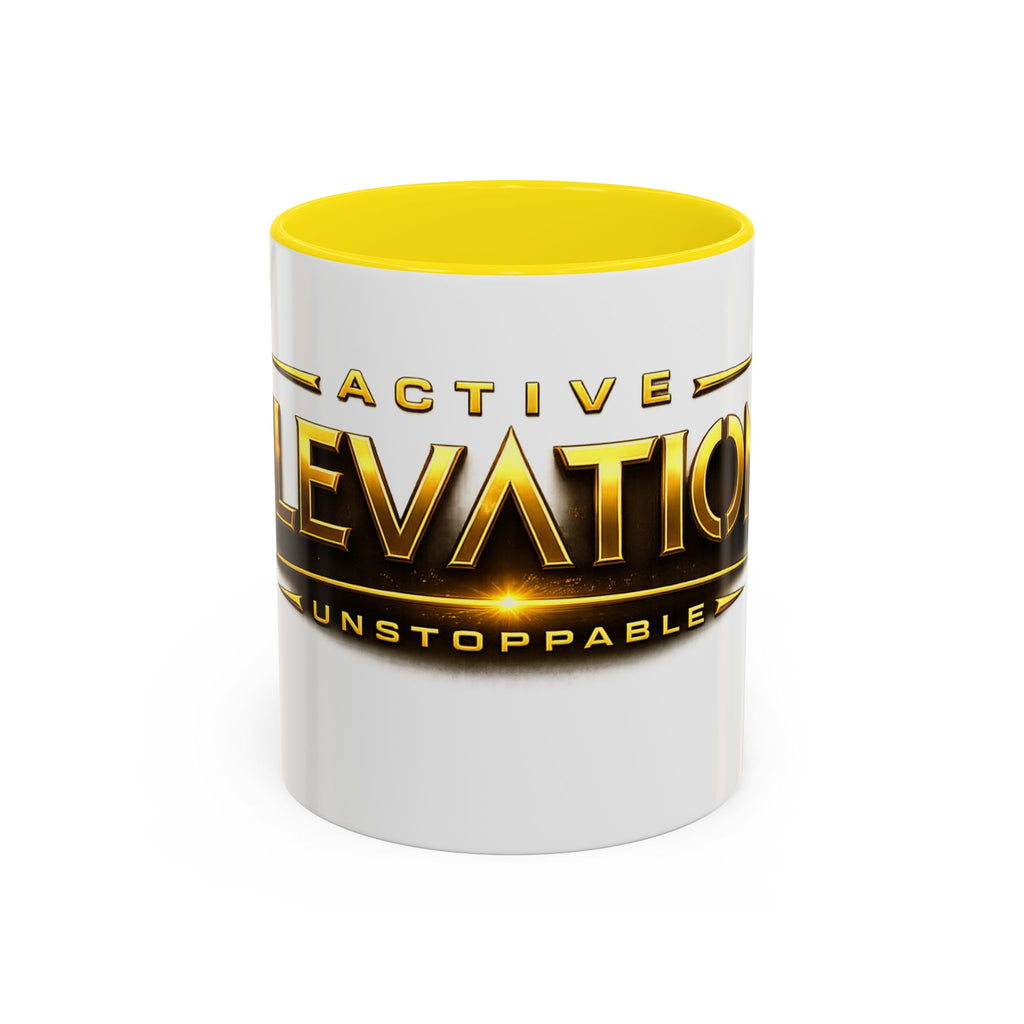 Active Elevation Unstoppable Coffee Mug — Gold Logo Accent Ceramic Mug (11/15oz)