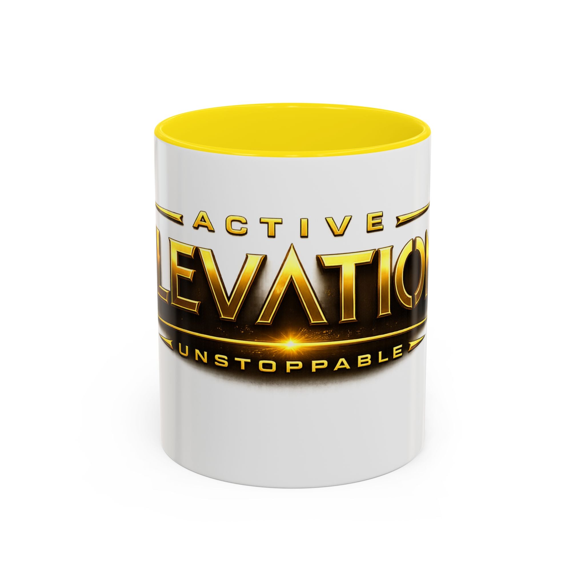 Active Elevation Unstoppable Coffee Mug — Gold Logo Accent Ceramic Mug (11/15oz)