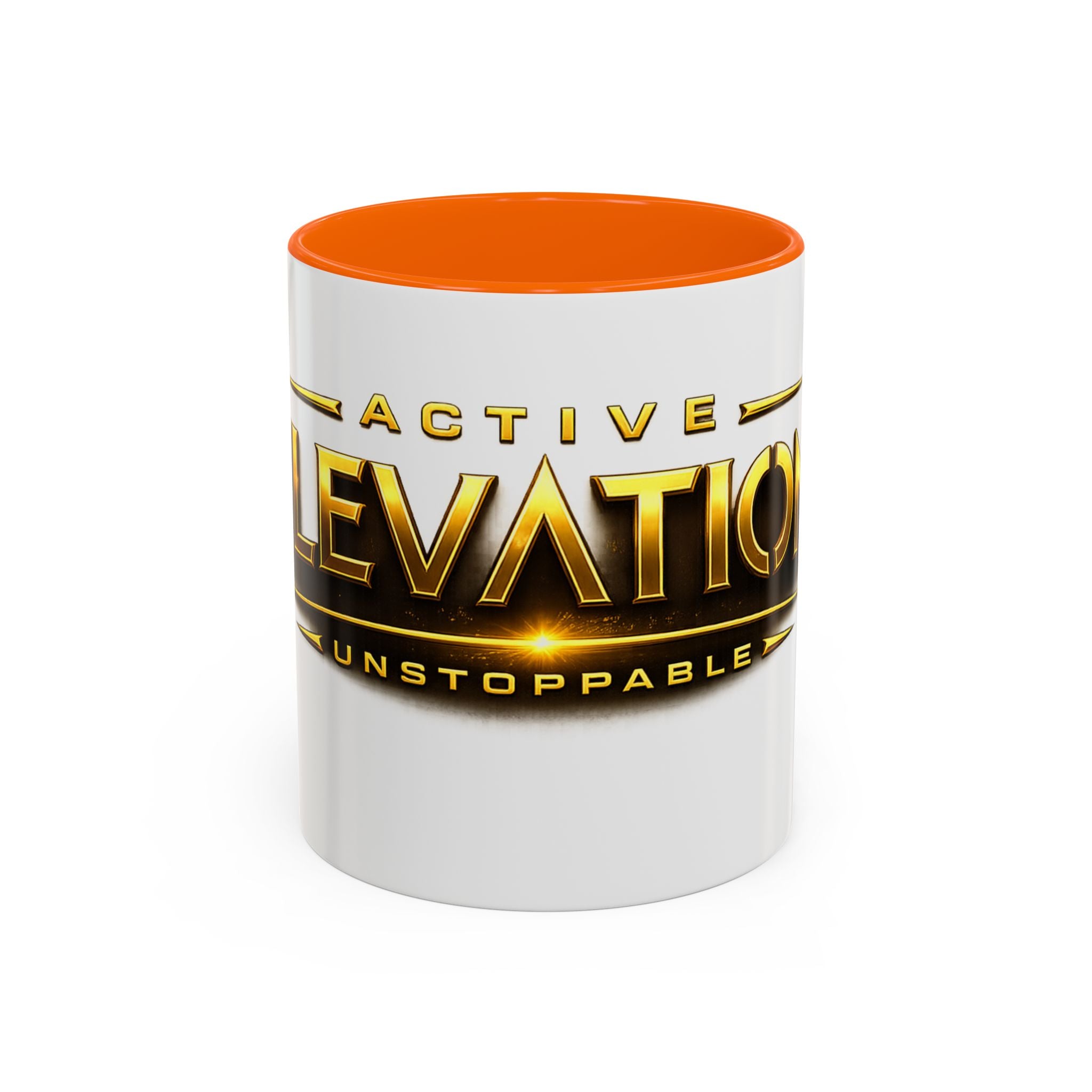 Active Elevation Unstoppable Coffee Mug — Gold Logo Accent Ceramic Mug (11/15oz)